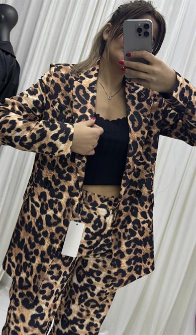 Oversize Leopar Desen Astarlı Ceket ve Pantolon