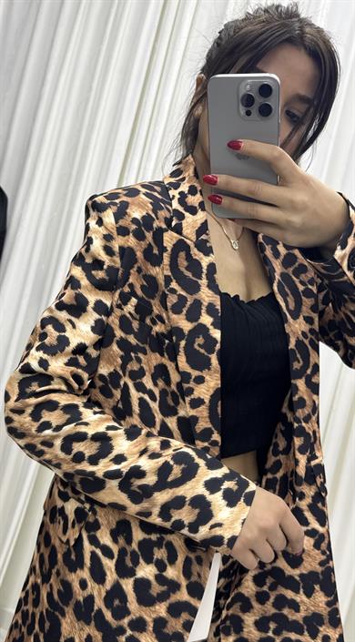 Oversize Leopar Desen Astarlı Ceket ve Pantolon