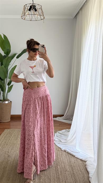 Pamuklu Brodeli Pembe Renk Etek