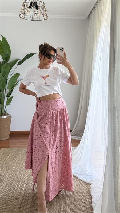 Pamuklu Brodeli Pembe Renk Etek