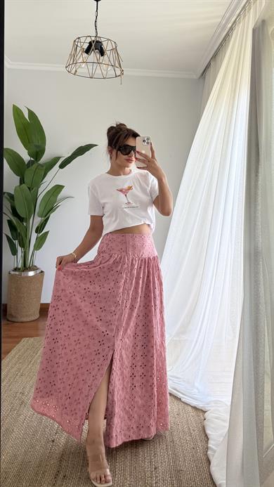 Pamuklu Brodeli Pembe Renk Etek