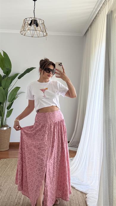 Pamuklu Brodeli Pembe Renk Etek