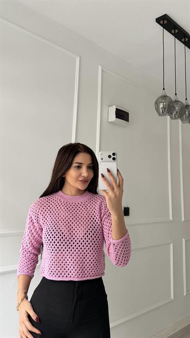 Pembe Ajurlu Bisiklet Yaka Kazak