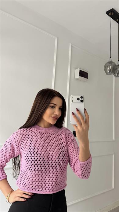 Pembe Ajurlu Bisiklet Yaka Kazak