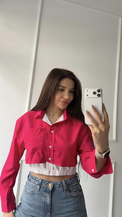 Pembe Düğmeli Beli Lastikli Gömlek