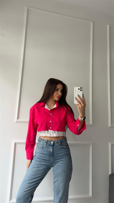 Pembe Düğmeli Beli Lastikli Gömlek