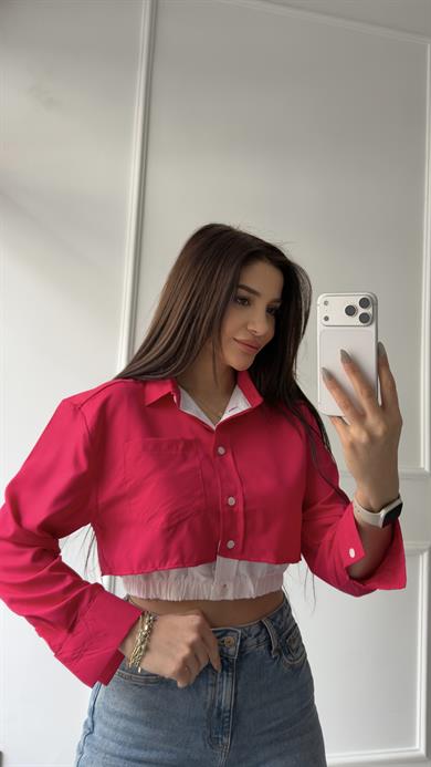 Pembe Düğmeli Beli Lastikli Gömlek
