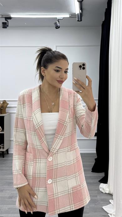 Pembe Uzun Cepli Ekose Desenli Çift Düğmeli Astarlı Ceket