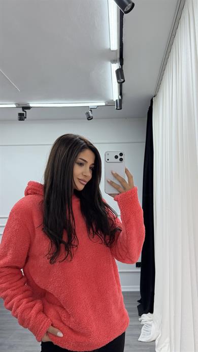 Pembe Kapüşonlu Yumoş Oversize Peluş Sweatshirt
