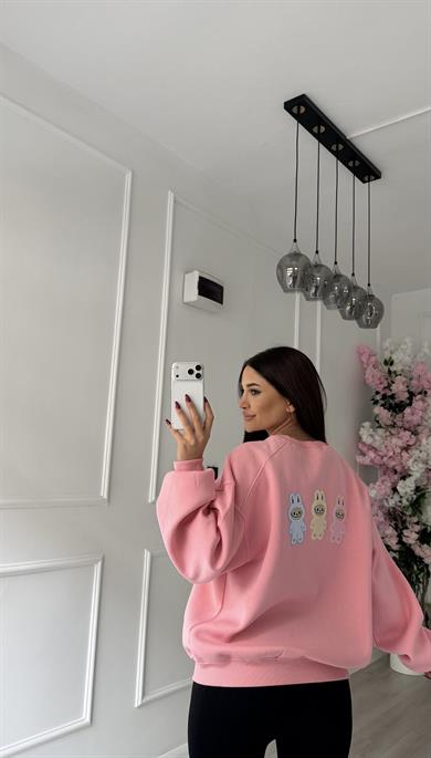 Pembe Labubu Nakışlı Oversize Şardonlu Sweatshirt
