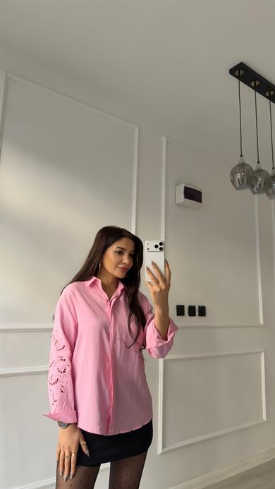 Pembe Lüx Kalite Nakış Detaylı Gömlek