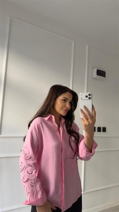 Pembe Lüx Kalite Nakış Detaylı Gömlek