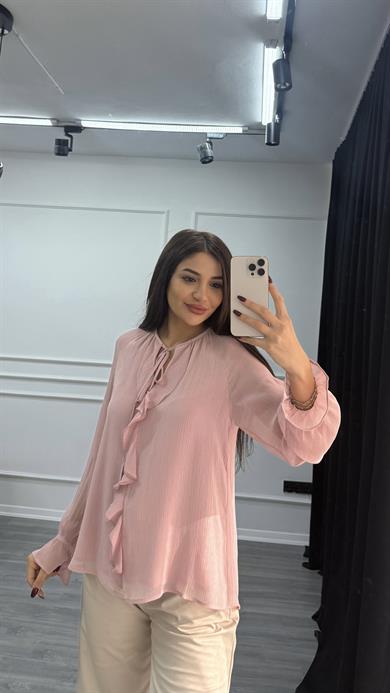 Pembe Volanlı Uzun Kollu Gömlek