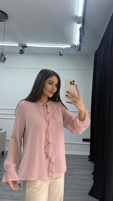 Pembe Volanlı Uzun Kollu Gömlek