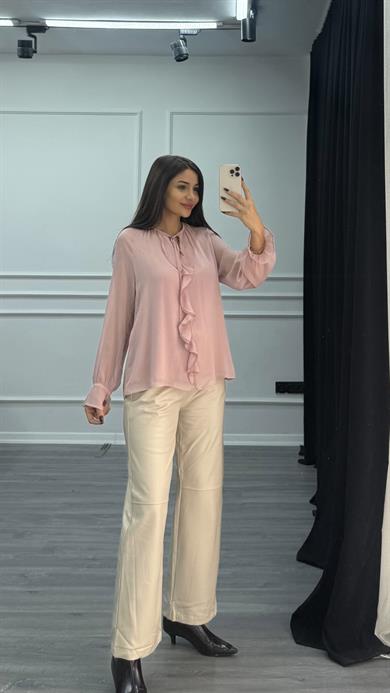 Pembe Volanlı Uzun Kollu Gömlek