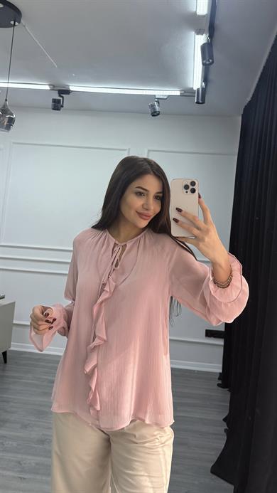 Pembe Volanlı Uzun Kollu Gömlek