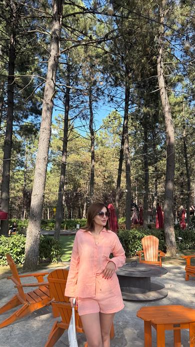 Pembe Müslin Kumaş Rahat Kesim Gömlek Şort İkili Takım