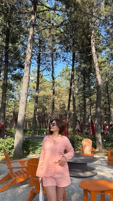 Pembe Müslin Kumaş Rahat Kesim Gömlek Şort İkili Takım