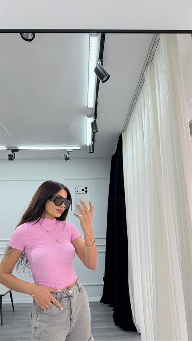 Pembe Örgü Kumaş Esnek Kısa Kollu Crop
