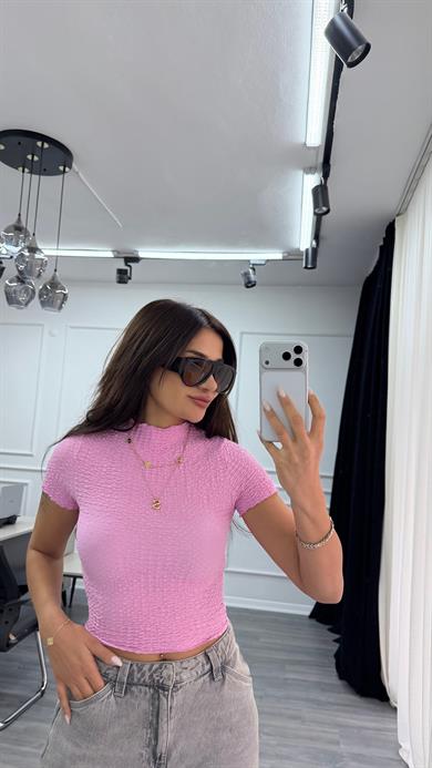Pembe Örgü Kumaş Esnek Kısa Kollu Crop