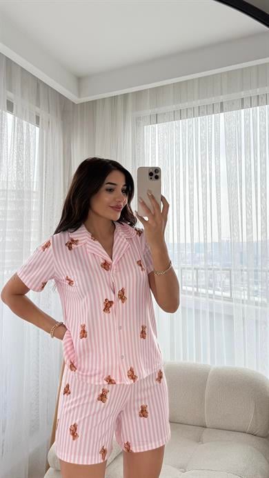 Pembe Premium Kalite Gömlek Şortlu Ayıcık Desenli Pijama Takımı