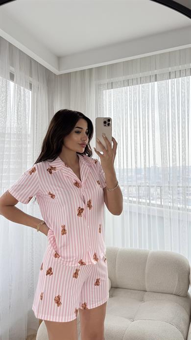 Pembe Premium Kalite Gömlek Şortlu Ayıcık Desenli Pijama Takımı