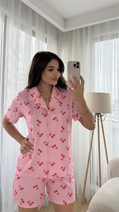 Pembe Premium Kalite Gömlek Şortlu Kiraz Desenli Pijama Takımi