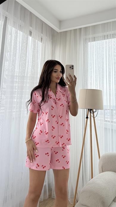Pembe Premium Kalite Gömlek Şortlu Kiraz Desenli Pijama Takımi
