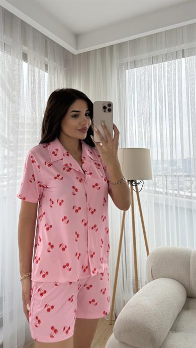 Pembe Premium Kalite Gömlek Şortlu Kiraz Desenli Pijama Takımi