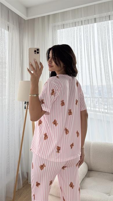 Pembe Premium Kalite Kısa Kollu Ayıcık Desenli Pijama Takımı