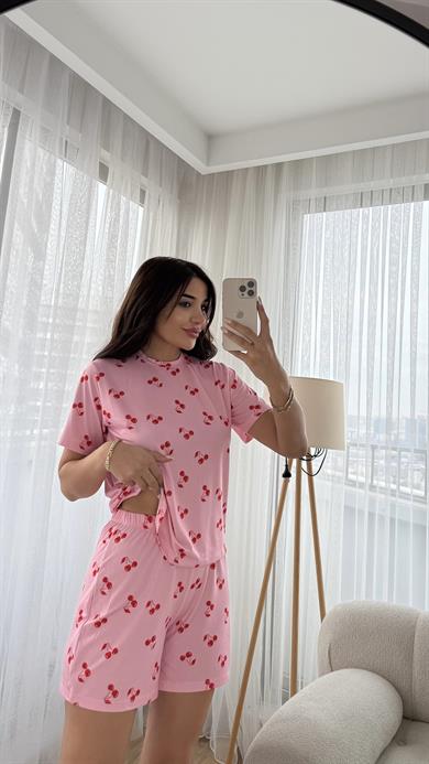 Pembe Premium Kalite Kısa Kollu Kiraz Desenli Pijama Takımi