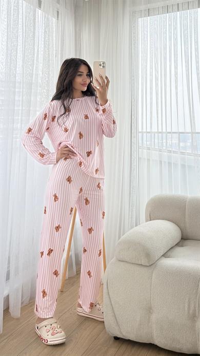 Pembe Premium Kalite Uzun Kollu Ayıcık Desenli Pijama Takımı