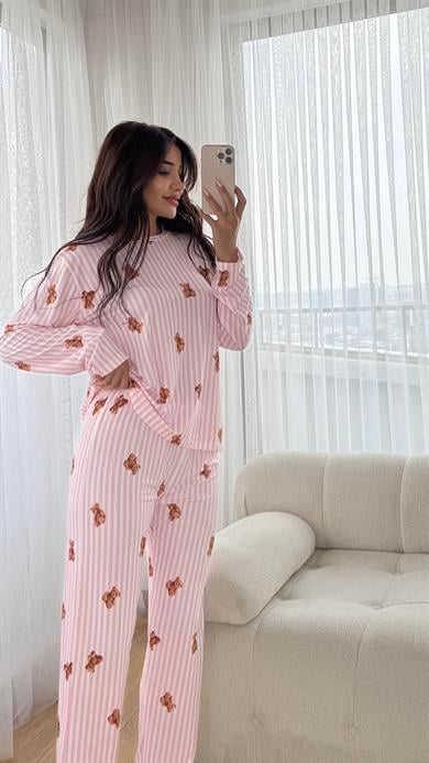 Pembe Premium Kalite Uzun Kollu Ayıcık Desenli Pijama Takımı