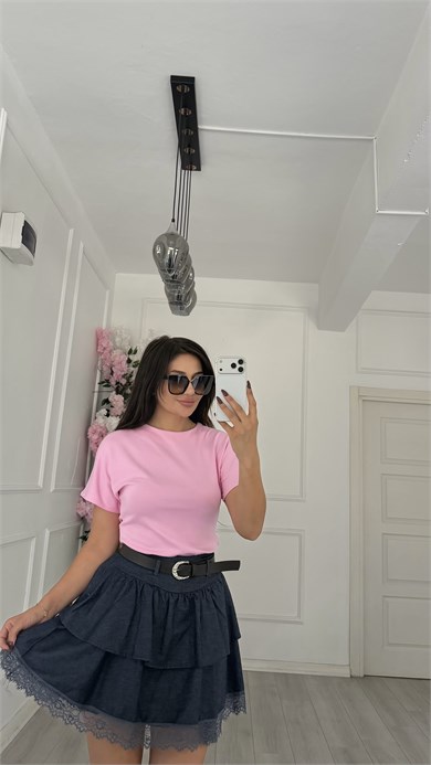 Pembe Sırt Dekolteli Kısa Kol Bluz