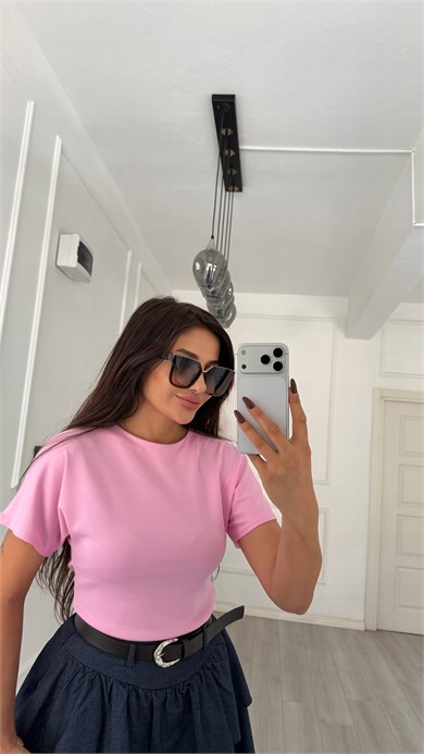 Pembe Sırt Dekolteli Kısa Kol Bluz