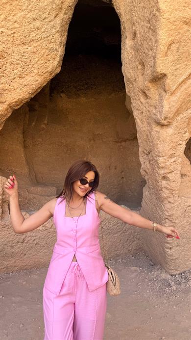 Pembe Yelekli Keten Palazzo Takım