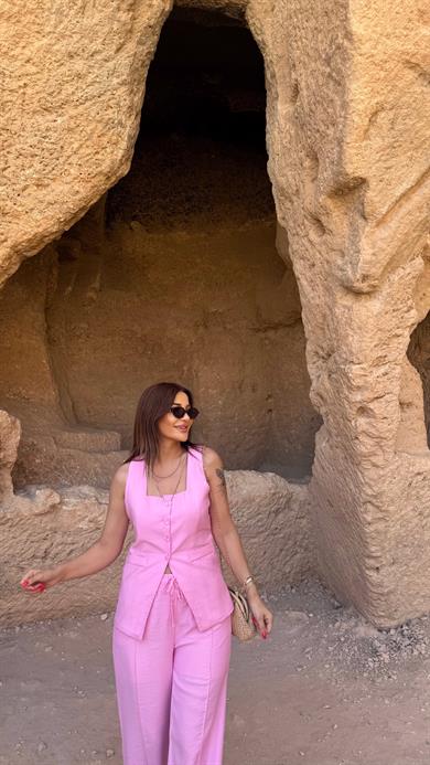 Pembe Yelekli Keten Palazzo Takım