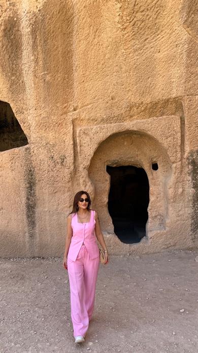 Pembe Yelekli Keten Palazzo Takım
