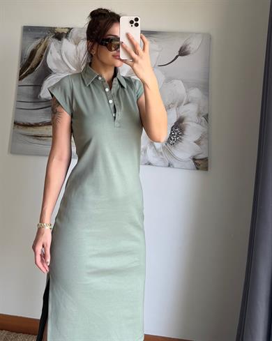 Polo Yaka  Esnek Yırtmaçlı Midi Elbise-Haki