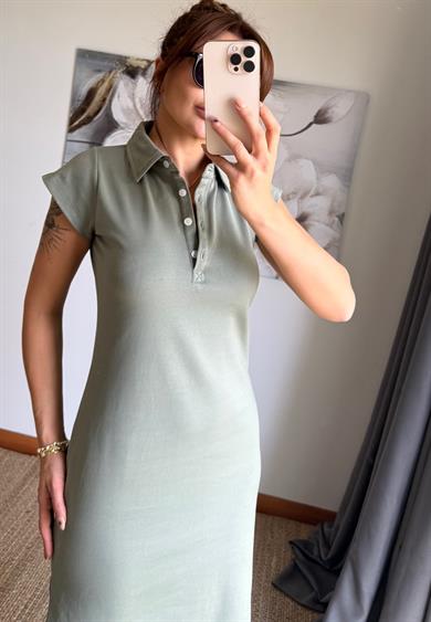 Polo Yaka  Esnek Yırtmaçlı Midi Elbise-Haki