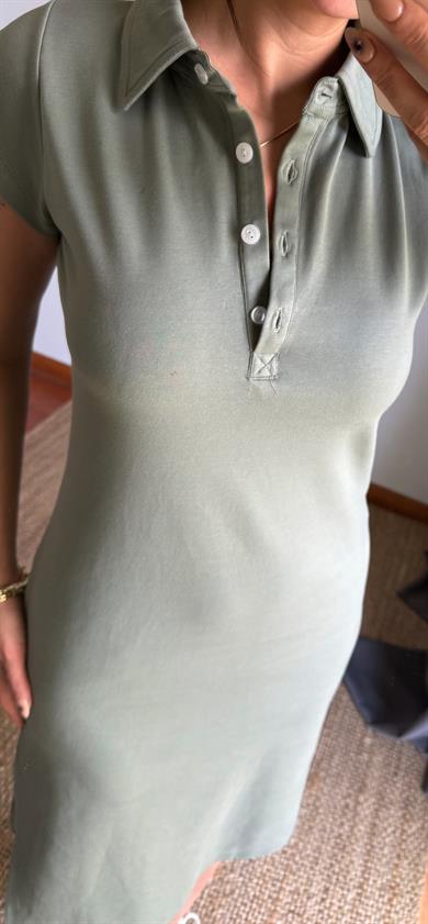 Polo Yaka  Esnek Yırtmaçlı Midi Elbise-Haki
