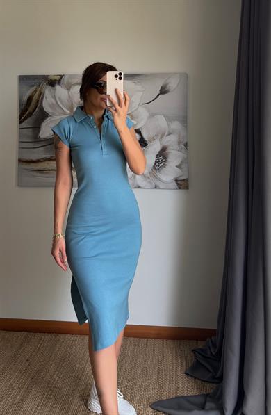 Polo Yaka  Esnek Yırtmaçlı Midi Elbise-Bebe mavi