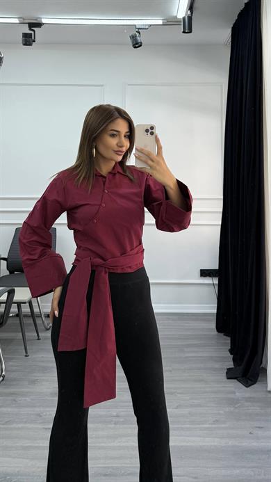 Poplin Yandan Bağlamalı Gömlek-Bordo