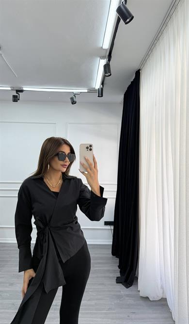 Poplin Yandan Bağlamalı Gömlek-siyah