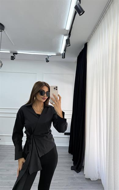 Poplin Yandan Bağlamalı Gömlek-siyah