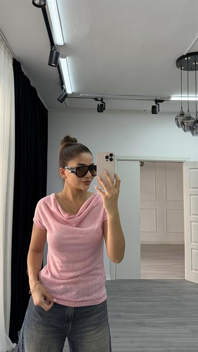Premium Degaje Yaka Kısa Kol Bluz-Pembe
