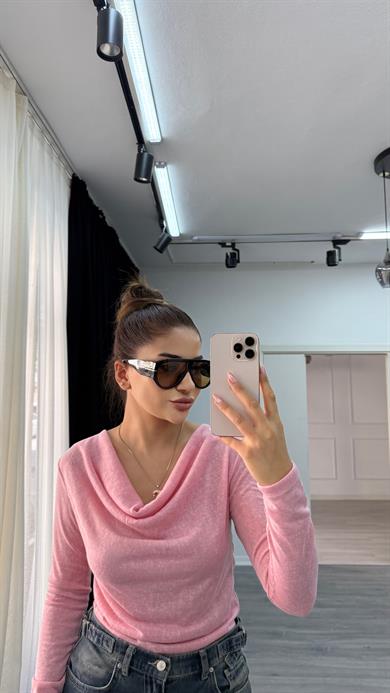Premium Degaje Yaka Uzun Kol Bluz-Pembe