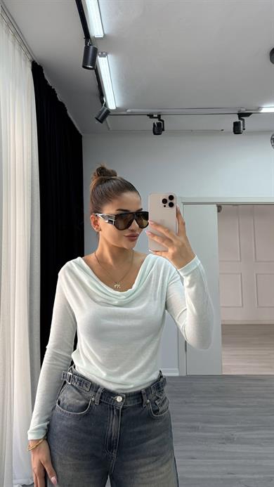 Premium Degaje Yaka Uzun Kol Bluz-yeşil