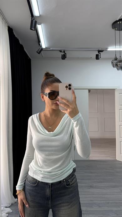 Premium Degaje Yaka Uzun Kol Bluz-yeşil