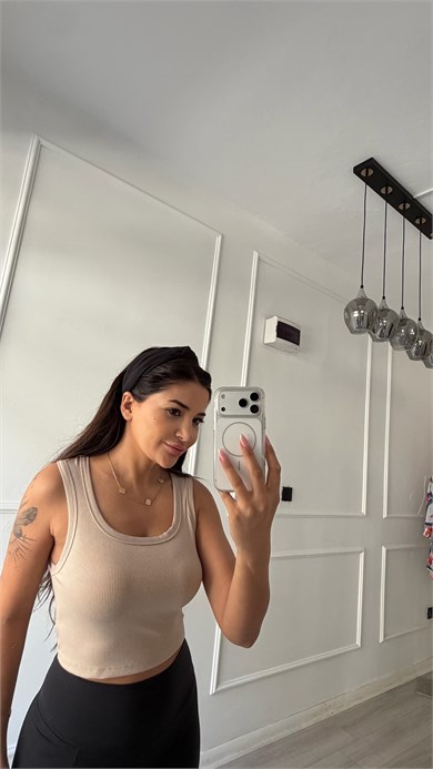 Premium Fit Ribana Crop Esnek Atlet  Bej